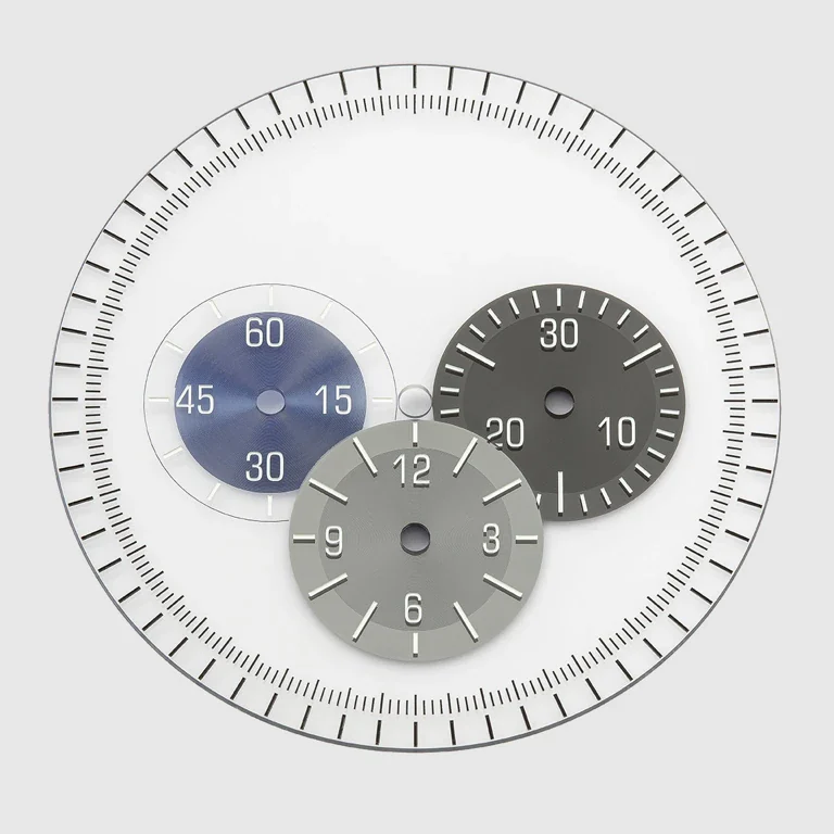 Cadran chronographe transparent avec trois compteurs colorés
